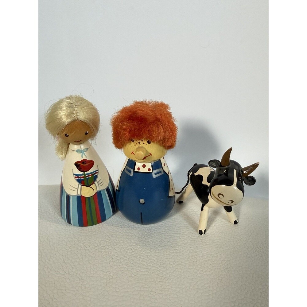 Set of 3 USSR Salvo Wooden 4" Boy & Girl & Cow Dolls Painted Folk Art ~ Vintage